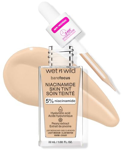 Wet n Wild Bare Focus Niacinamide Skin Tint, Fondotinta Leggero con Formula Modulabile, Arricchito con Acido Ialuronico e Vitamina E per un Look Radioso, Light Medium Sand