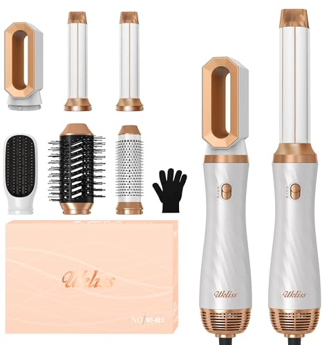 UKLISS Air Styler 6 en 1, juego de secador de pelo profesional con cepillo de aire caliente, secador de pelo redondo, rizador de flujo de aire, cepillo alisador automático, cepillo alisador, secador