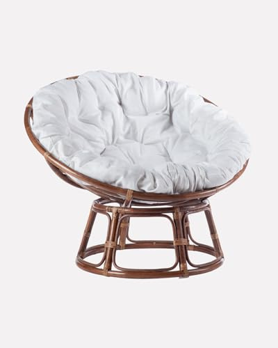 DiKasa Poltrona Rotonda in Rattan Noce Papasan con Cuscino in Cotone, Diametro 110 cm, Altezza 70 cm