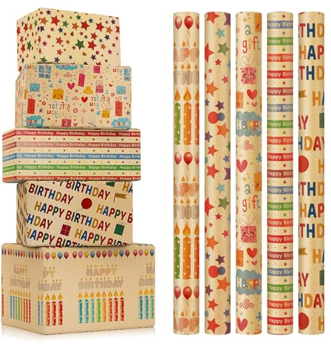 CHEPULA 5 rotoli di carta regalo per bambini, 43 cm x 300 cm, carta regalo per ragazzi, carta kraft marrone, carta regalo riciclabile, regalo di compleanno per tutte le occasioni di compleanno