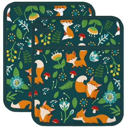 FREEBLOSS 2Pcs Fox Pattern Pot Holders for Kitchen Cotton Potholder Heat Resistant Pot Holders Sets Oven Hot Pads Hot Pot Holder for Cooking Baking