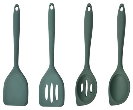 4 Pezzi Mestoli in Silicone, Cucchiaio Utensili da Cucina,28 cm Mestolo Silicone Antiaderente per Mescolare,Cucina Spatola Cucchiaio,per Mescolare e Trasferire il Cibo (Verde Scuro)