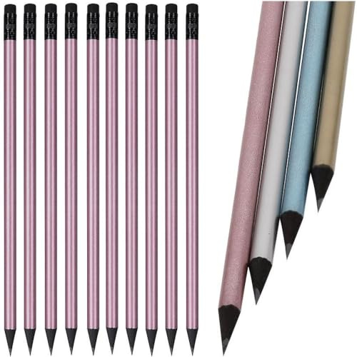 10 stycken blyertspennor träpennor med suddgummi i metallisk look silver guld rosa blå med svart inre kropp Black Edition HB, förspetsade, 19 cm längd ekonomipack hållbar (rosa)