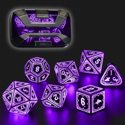 FONVGOGO Dés JDR Dés Jeu de Role pour Donjon et Dragon, Set de des JDR 7 Pièces Lumineux sans Fil Rechargeables avec Boîtier de Chargement Polyédriques DND Dice Set (Éclat Astral Violet)