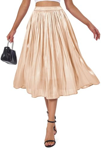 Eisnnu Damen Rock Sommer Midi Lang Glänzender Rock Elastische Taille A-Linie Elegant Hohe Taille Midi-Faltenrock (DE/NL/SE/PL, Alphanumerisch, M, Regular, Regular, Khaki)