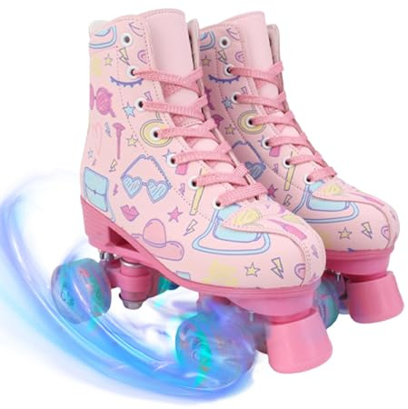 AYES Roller Skates for Girls, Flashing Light Up Wheels Quad Wheel Roller Boots, PU Leather 4 Wheel Skates Shoes for Kids and Beginners Outdoor Indoor (Pink, UK 3.5)