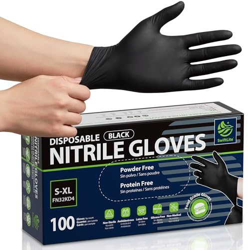 SWIFTLITE Disposable Nitrile Gloves Black, Food Safe Rubber Gloves Latex-Free Powder-Free for Cooking Food Prep Kitchen Clean (Large, 100)