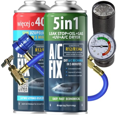 AC FIX 5-in-1 – R134a + R134a XL + Hose + Flashlight, 470g Refrigerant for Car Air Conditioning with Oil, Sealant, UV Dye, Desiccant – Quick Application – Protects the Compressor