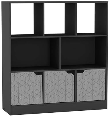 URBNLIVING Librería asimétrica negra de 8 cubos, estantería de almacenamiento independiente con 3 puertas, puertas de diseño geográfico, color gris