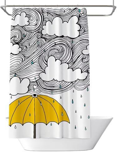 Cortina de Ducha Antimoho Nubes Blancas y Negras Cortinas de Baño de Poliéster Impermeable Cortina Ducha 240x200 cm, Paraguas Amarillo Shower Curtain Secado Rápido Lavable con Ganchos (LB1352)