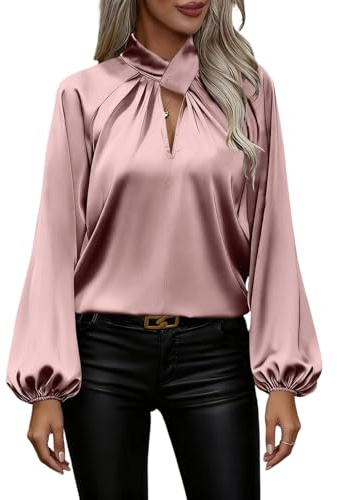 Chemisier Satin Femme,à col en V La Soie Élégante Blouse Chic Manches Longues Chemise Boutons Ample à Manches Longues Chemisier de Soirée Business Top Rose S