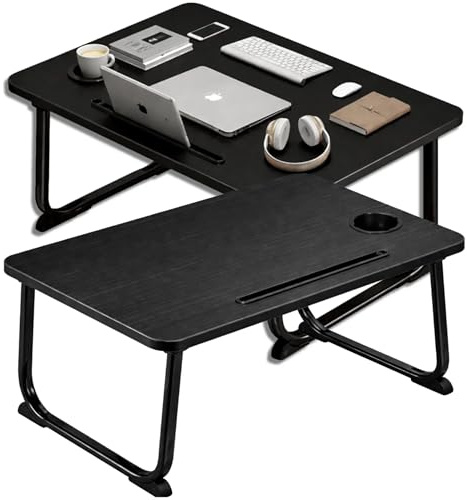 PECZEKO Laptopbord Kläggbart – Laptopstativ med tabletthållare, frukostbricka i trä, bord för soffa och säng, Multifunktionellt skrivbord för att arbeta, läsa och äta, 1 st svart