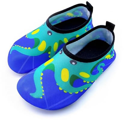 RVYEIOP Escarpines Niño Niña Zapatillas de Playa Piscina Calcetines Acuáticos de Secado Rápido Antideslizantes para Natación y Deportes de Agua, Dibujo de Pulpo Azul, Talla 32-33