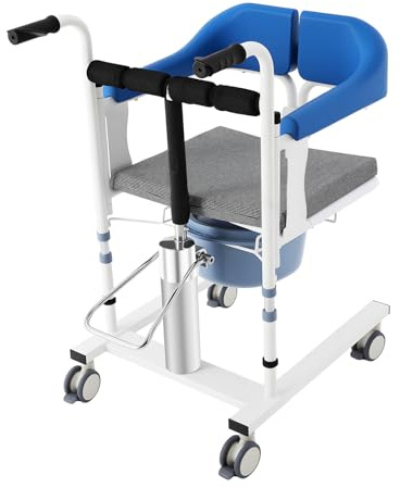 Silla Elevadora Hidráulica de Transferencia para Pacientes que Pueden Mantenerse Sentados, Altura Ajustable 42-60 cm, Carga 100 kg, Respaldo 180°, Ruedas con Freno, Ducha e Inodoro, Azul