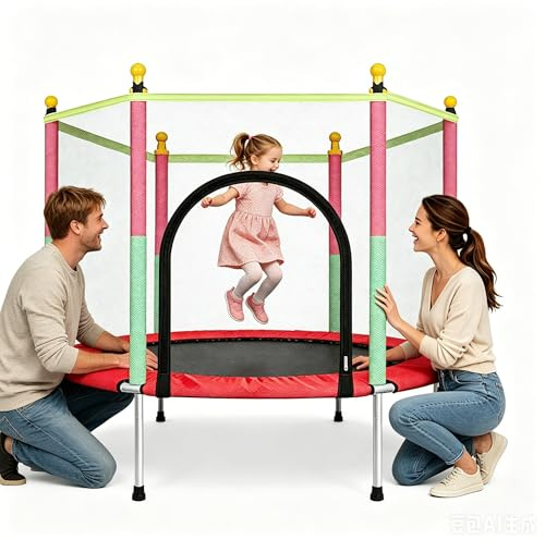 Blendra Toddler Trampoline 140cm 4.6FT Indoor/Outdoor Mini Kids Trampoline with Safety Enclosure Net for Backyard Garden Fun for 3-8 Years Old Boys & Girls, Red, Round