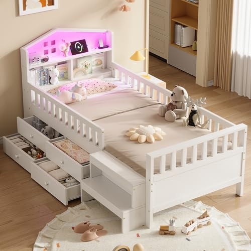 Xfholl 3ft Single Bed with LED Lighting and USB Charging Port, Wooden Bed Frame with Headboard Storage and Drawers, White, 90 x 190 cm (No Mattress)