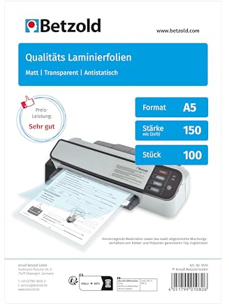 Betzold Laminierfolien - DIN A5 100 Stück Laminiertaschen reiß- und wasserfest Bürobedarf