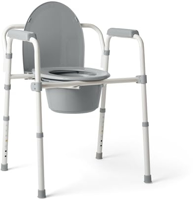 Medline 3-in-1 Steel Bedside Commode, Standard Seat, Sturdy Folding Frame, 7.5 QT. Bucket, 350 lb. Weight Capacity, Clip-on Seat, Easy Cleaning, Tool-Free Assembly, Gray