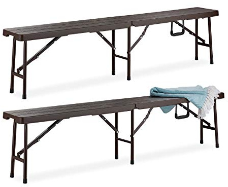 Relaxdays Bierbank 2er Set, Faltbare Partybank für Balkon & Garten, Kunststoff, Campingbank, 42,5 x 179 x 24,5 cm, braun