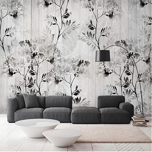 Fotomural Efecto 3D Papel Tapiz Retro De Madera De Hoja En Blanco Y Negro Nórdico Minimalista Moderno Mural Para Sala De Estar Dormitorio Decoración De Pared 250(W) X175(H) Cm