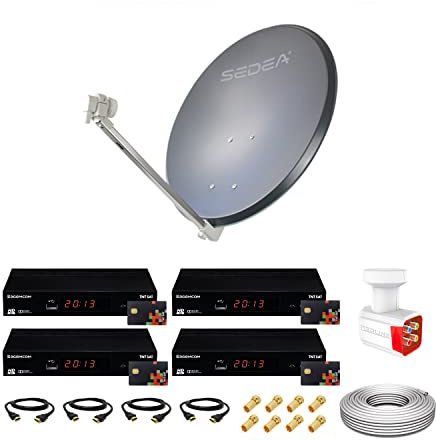 Kit Antenne Parabole Acier 85 cm 38,2 DB Anthracite + LNB Quad 0,1 DB Full HD 4K Ultra HD + 4 Décodeurs DS81 HD TNTSAT + Câble coaxial 100m + 4 Câbles HDMI + 8 Fiches F