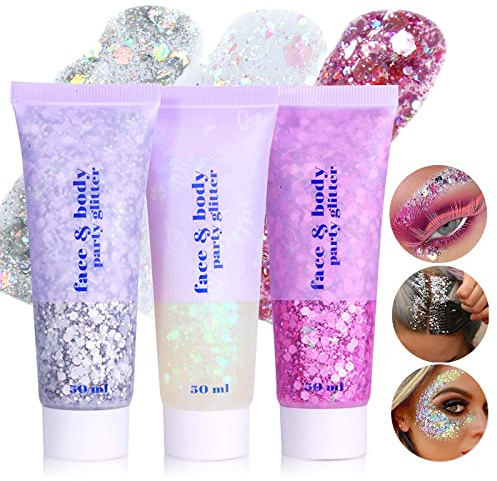 Prreal 3 botes de gel de purpurina para el cuerpo, gel brillante para las uñas faciales, brillo holográfico, polvo cosmético láser, color blanco, plateado y rosa