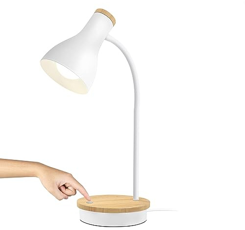 LALISU Tischlampe Basic LED Leselampe im Klassichen Holz-Design, Schreibtischlampe Augenschutz Tageslichtlampe, Verstellbarem Arm (Weiß-T01)