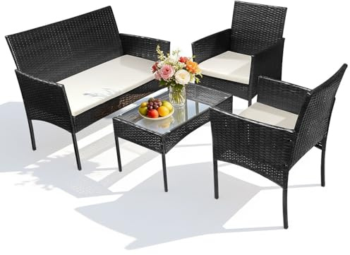 Izrielar Juego de Muebles de jardín de polirratán para balcón, Juego de Muebles de jardín con sofá, sillas Individuales, Mesa y cojín de Asiento, Muebles de terraza (Negro) (ZA4778-M-1z)