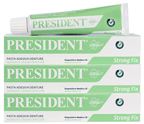 President KIT 3 PEZZI DI PASTA ADESIVA DENTURE. Fissaggio Forte della dentiera, Presa Rapida, Adesione duratura. Evita le infiltrazioni di cibo, infiammazioni e alitosi. Non irrita le gengive - 3x40g