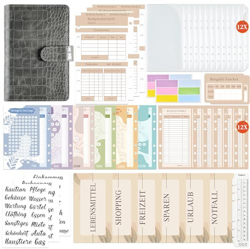 Budget Planner Deutsch | Binder - Sparchallenge Bugetplaner Deutsch, Giantzhong Budget Binder A6 Leder Startset, Geldumschläge Umschlagmethode - Finanzplaner Haushaltsbuch - Cash Stuffing (Grau)