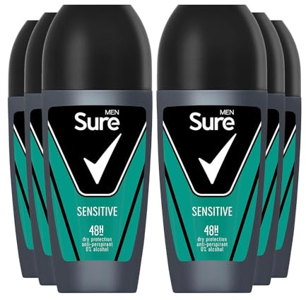 Sure Antiperspirant Roll On Sensitive 48H Sweat and Odour Protection Roll On with Sandalwood, Patchouli and Vanilla Fragrance Deodorant for Men, 50ml Pack of 6