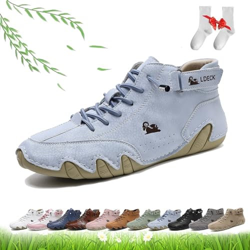 LOVEWLVNCL Damen handgefertigte High-Top-Stiefel, Deck Barfuß-Wanderschuhe Damen Draussen rutschfest Leicht Atmungsaktiv Chukka-Stiefel Flache Slipper zum Wandern und Spazierengehen(Light Blue,39 EU)