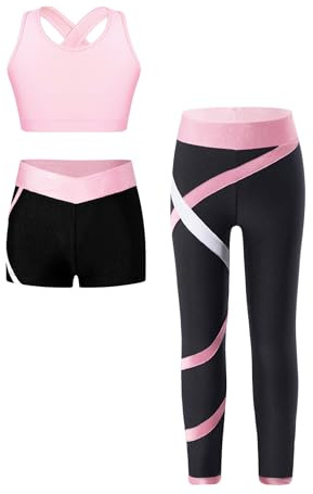 Kvysinly Sportdräkt för barn, flickor, träningsoverall, sportoutfit, joggingdräkt, sportig väst med shorts, leggings, sportkläder, yoga, träning, ROSA, 146-152