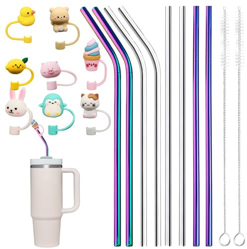Peiyee Strohhalme Edelstahl,Bunte Strohhalm Metall 30 Cm Lang,Strohhalme Wiederverwendbar 8er Set (ø8mm),Mit 8 Strohhalm Abdeckung + 2 ReinigungsbüRsten,FüR Cocktail, Smoothie Und SäFte
