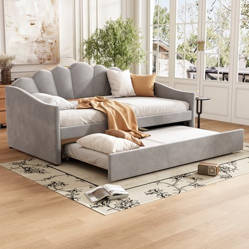 Merax Upholstered Single Bed, 3FT DayBed, 90x190cm Trundle Bed, DayBed SofaBed with Trundle (90x175cm), Pull Out SofaBed for Adults & Teenagers, Grey Velvet