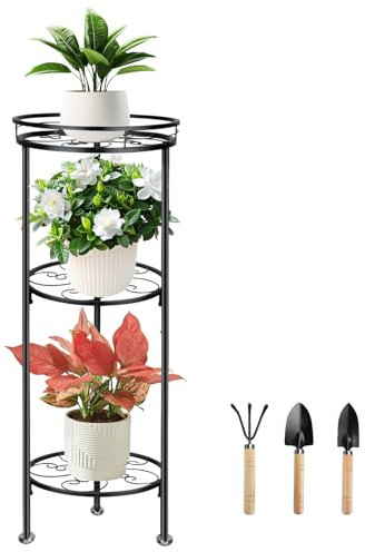 Chostky 3-Tier Pflanzenständer Innen Draußen, Metall Blumentopf Pflanzenregal, Schwer Hochbelastbar Ecke Pflanzenhalter, Rostfreier runder Pflanzenständer mit Gartenzubehör für Terrasse Balkon Garten