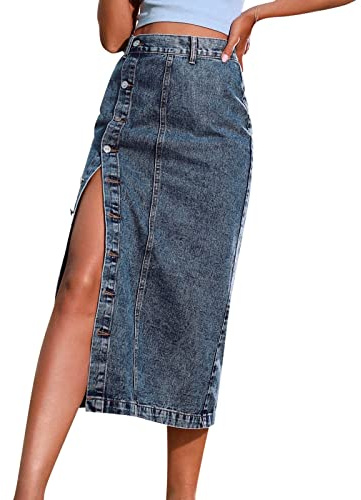 Jeanskjol dam lång med slits: jeanskjol med främre slits lång kjol dragkedja stretch använd look jeanskjol långa kjolar sexig damkjol sommar traditionell kjol jeans blyertskjolar fritidskjol, Mörkblå,