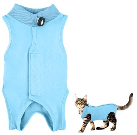 Tibapla Tuta da Recupero Gatto, Tutina da Gatto Traspirante, Body Post Operatorio Anti-Leccato per Animale, E-Collar Alternativa Tuta Chirurgica per Ferite Addominali (Blu, M)