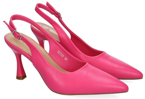 shoes&blues.es 90406 Zapato para Mujer, Estilo Salon, con Tacon, Puntera Fina, Talon Abierto y Hebilla Ajustable. Fucsia Talla 40