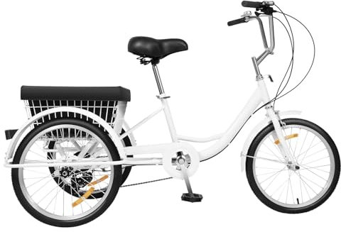 SuhoFutus Trehjuling för vuxna, 20 tums trehjuling cykel med 8 växlar och justerbar hastighet, lastcykel med shoppingkorg, lastkapacitet 20 kg, trehjuling för fritid, shopping