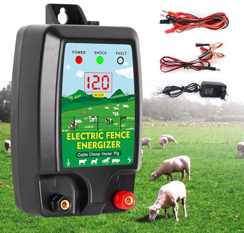 SGZIOO Weidezaungerät 12v, Elektrozaun mit Led Anzeige, 2 Joule Elektrozaungerät für Schutz von Nutztieren, 10 Km Reichweite, Haustieren, Geflügel, Hausweide, Gärten