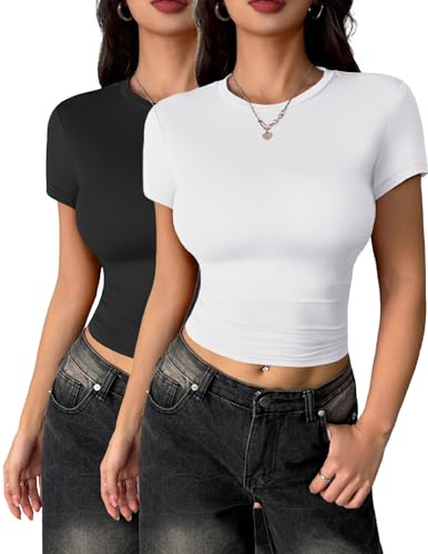 Zeagoo Lot de 2 T Shirt Femme Basic Haut Manche Courte Moulante Tee Shirt Couleur Unie Court Top Col Rond Été Décontracté T-Shirt XS-XL