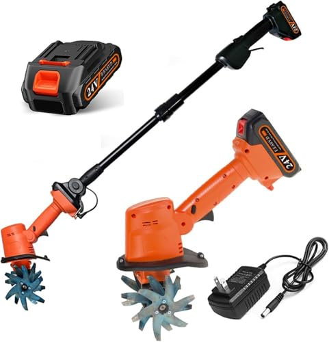 Motobineuse Électrique sans Fil 21V,Portable Motoculteur,235 RPM,Manche Amovible,Largeur/Profondeur de Travail 10/10 cm,avec Batterie et Charge,pour Le Jardin,Le Champ de légumes,la Serre,Le verger(1