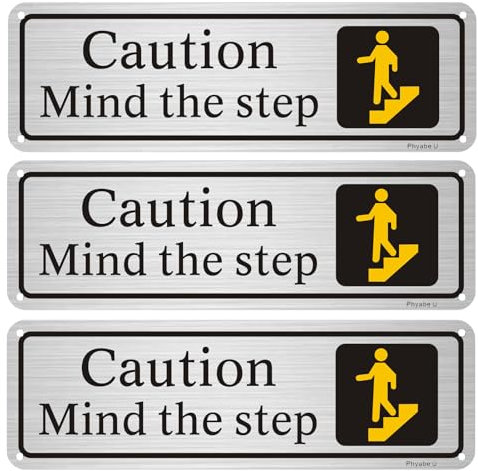 Phyabe 3 Pack Caution Mind The Step Sign With Self-Adhesive, 25 x 8 cm Rust Free Aluminum Sign, Weather Resistant, Waterproof, Durable Ink, Easy to Install