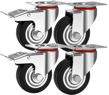 RUOTE GIREVOLI CON FRENO, ROTELLE SILENZIOSE PIROETTANTI IN GOMMA, PER CARRELLO CARICHI PESANTI MOBILI,ELETTRODOMESTICI, BANCHI DA LAVORO (125mm, 4)