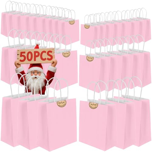 50PCS Kraft Paper Bags With Handles - Mixed Size Gift Bags for Business, Shopping, Retail, Party, Favor, Merchandise,Sacks Restaurant Takeout - 130GMS Thicken Kraft bags (Pink)