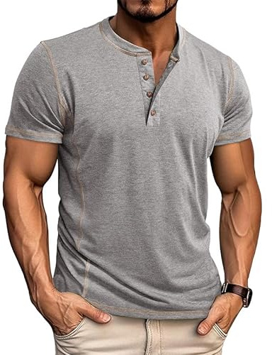 Aulemen Tee Shirt Homme Courtes/Longues Henley T-Shirt Cardigan Bouton Manches Col Tunisien Hommes Top M-3XL