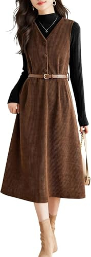 Lazutom Vestido de pana con cuello en V para mujer, con cinturón, vestido midi para otoño, para el trabajo, la escuela, trajes casuales, marrón, M