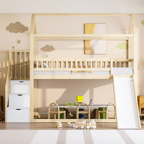 Kebnor Litera para niños, cama alta con tobogán y escalera de almacenamiento, estructura de valla alta, marco de madera maciza, somier, color madera 90 x 200 cm