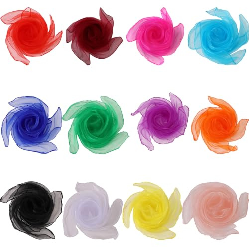 Sumneo 12 Stück Chiffon Tücher Kinder, Bunte Jongliertücher, Sensorisches Spielzeug, Tanz- & Gymnastiktücher, für Kindergarten, Kinderturnen, Basteln und Deko (60x60cm)